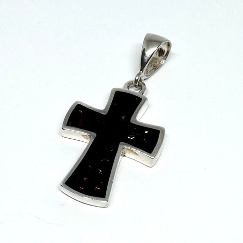Silver Cross Pendant with Inlaid Amber