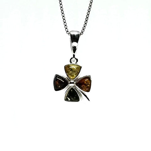 Delicate Four-Leaf Clover Pendant in Multicolour Amber