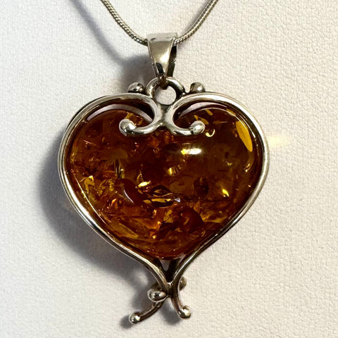 Amazing Baltic Amber Heart Pendant in Silver