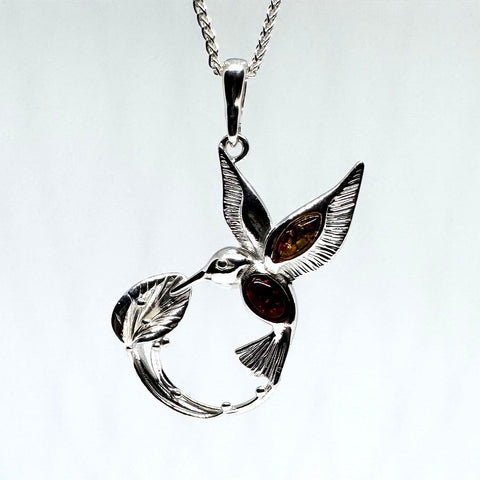 Hummingbird and a Flower Pendant in Silver and Amber