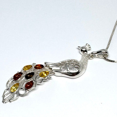 Peacock Pendant in Silver and Amber