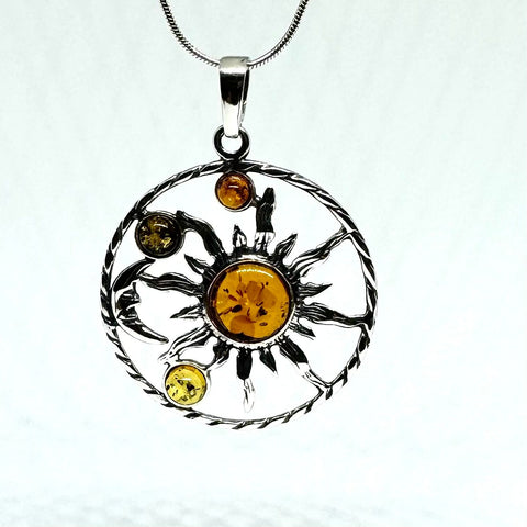 Amber Sun & Moon Pendant in Silver