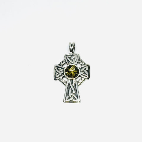 Celtic Cross in Silver with Green Amber