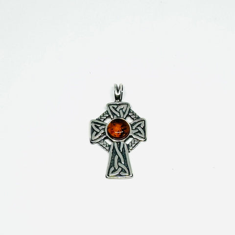 Celtic Cross Pendant in Silver with Amber