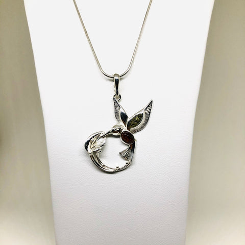 Hummingbird and a Flower Pendant in Silver and Amber
