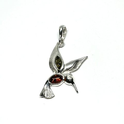 Hummingbird Pendant in Silver and Amber