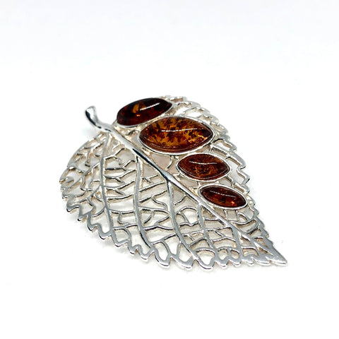 Leaf Pendant in Silver with Amber