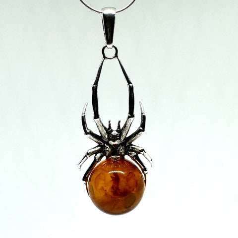 Amazing "Black Widow" Spider Pendant in Silver with Amber