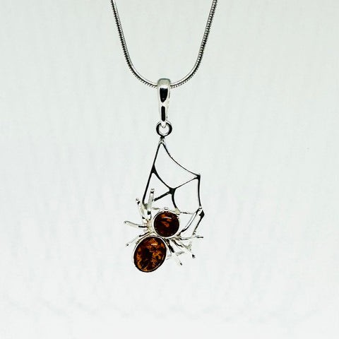 Amber and Silver Spider on Web Pendant
