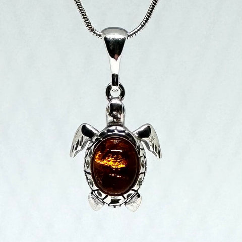 Turtle Pendant in Silver with Amber