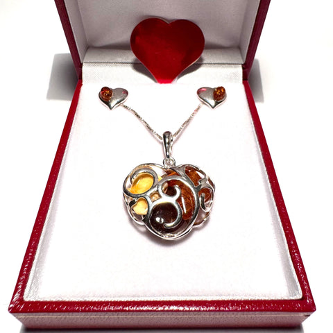 Set of Silver Heart with Amber Stones on Chain and Silver Studs with Amber