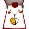 Set of Heart Pendant and Earrings in Silver with Amber