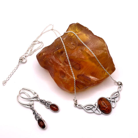 Celtic Set of Necklace and Earrings in Silver with Amber