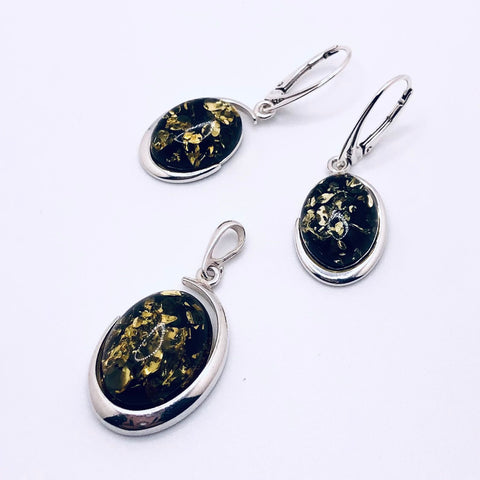 Green Amber Set of Earrings and Pendant