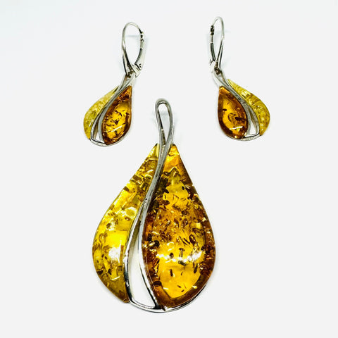 Set of Amber and Silver Drop-Shaped Pendant and Earrings