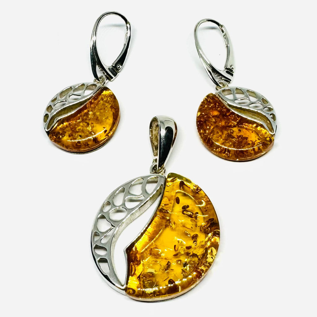 Set of Amber and Silver Round Pendant and Earrings