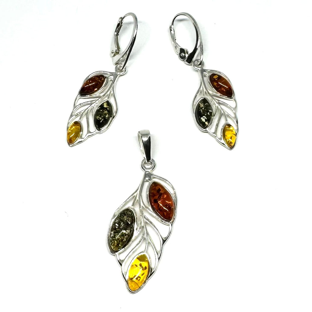 Set of Multicolour Amber and Silver Pendant and Earrings