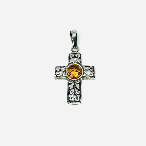 Cross Pendant in Silver with Amber