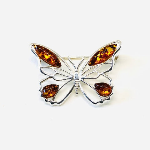 Baltic Amber and Silver Butterfly Brooch