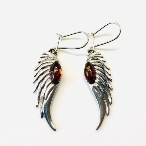 Angel Wings Earrings in Silver with Amber