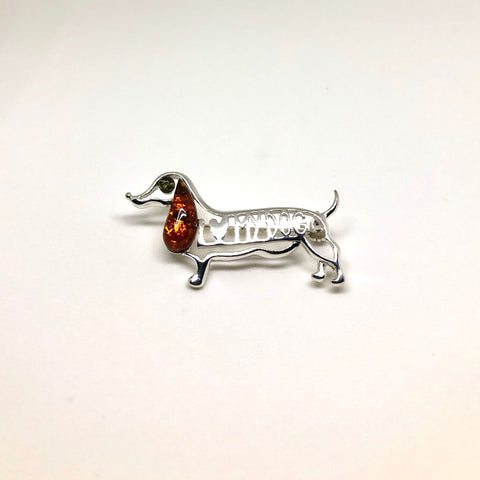 Dachshund Silver Pin with Amber