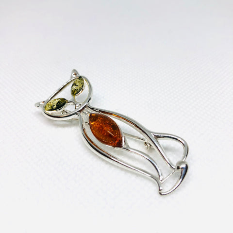 Cat Brooch in Silver with Amber