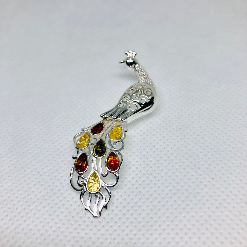 Peacock Brooch in Silver and Amber