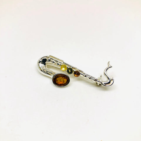 Saxophone Pin in Silver and Amber