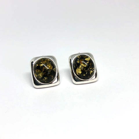 Elegant Amber and Silver Stud Earrings (Green)