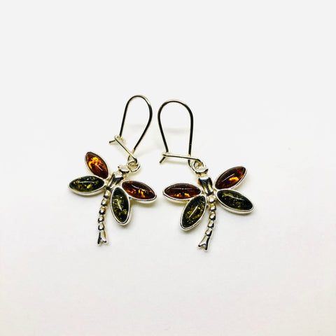 Dragonfly Earrings in Silver and Amber