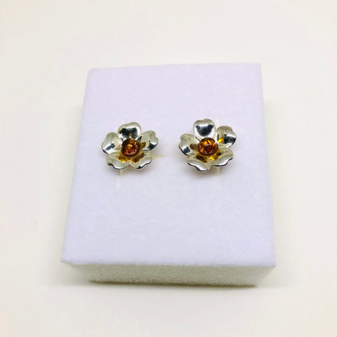 Amber and Silver Flower Stud Earrings #1
