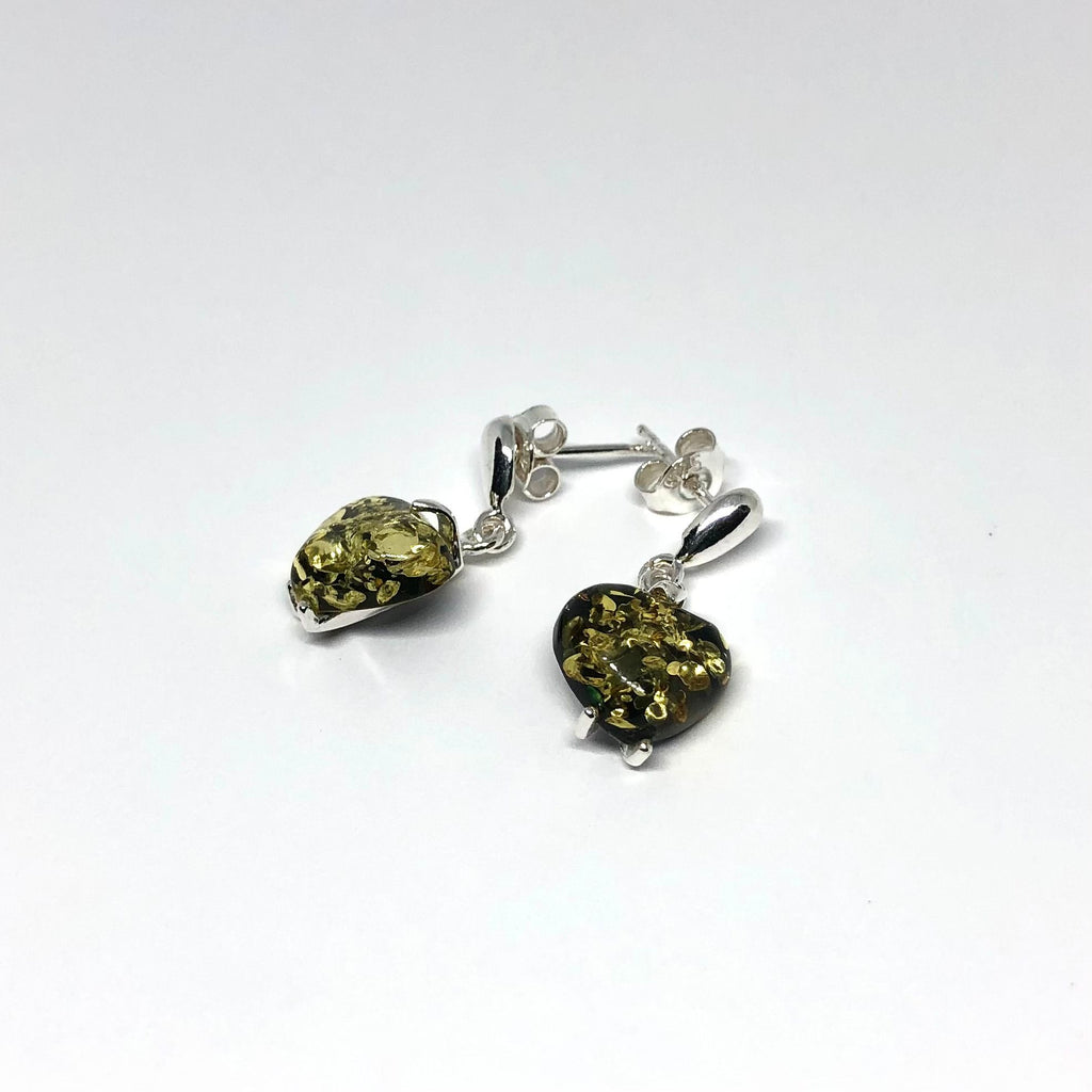 Green Amber Heart Earrings