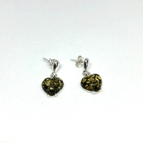 Amber and Silver Heart Earrings in Green