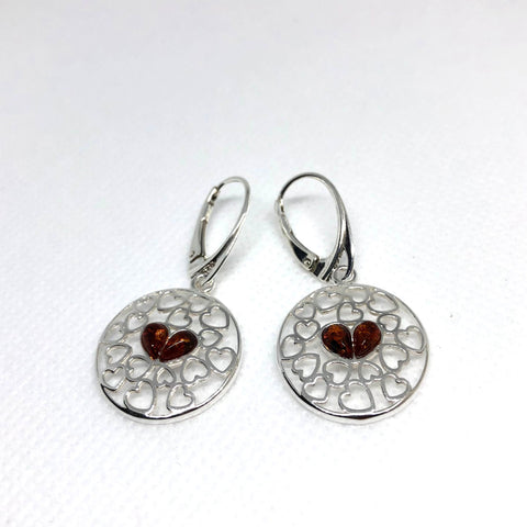 Amber and Silver Hearts in a Circle Earrings