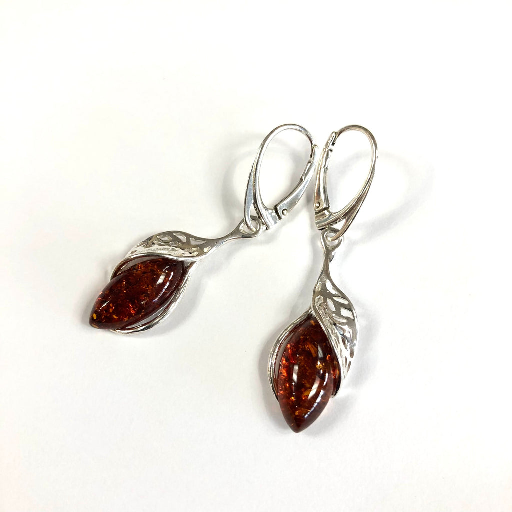 Amber and Silver Earrings with Leaf