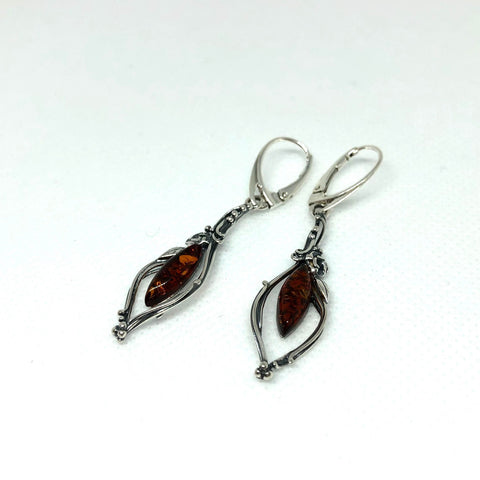 Amber Earrings in Antique-Style Silver Frame