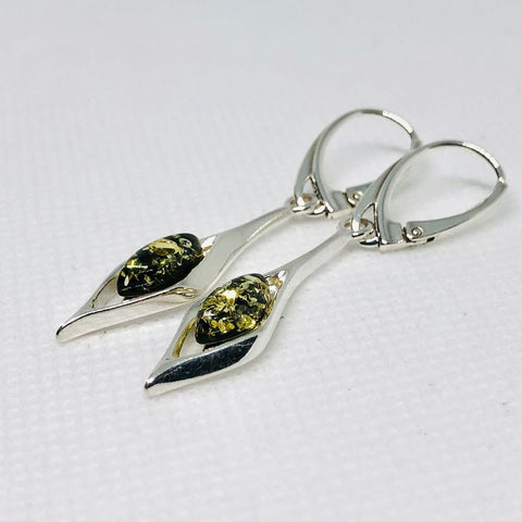 Modern Amber Earrings in Silver Frame (Green)