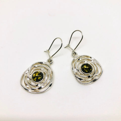 Green Amber and Silver Round Earrings in Silver Swirls