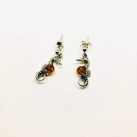 Seahorses Amber and Silver Earrings