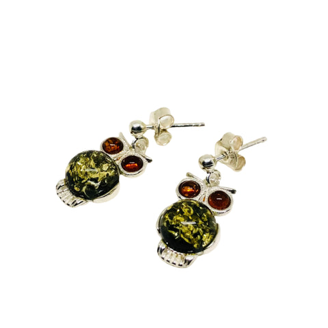 Owl Earrings in Green and Cherry Amber and Silver