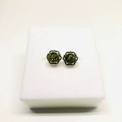 Small Amber Stud Earrings in Filigree setting, Cognac or Green