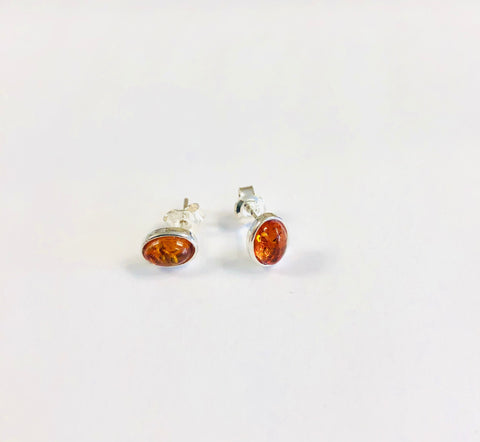 Small Oval Amber and Silver Stud Earrings (Honey or Green)