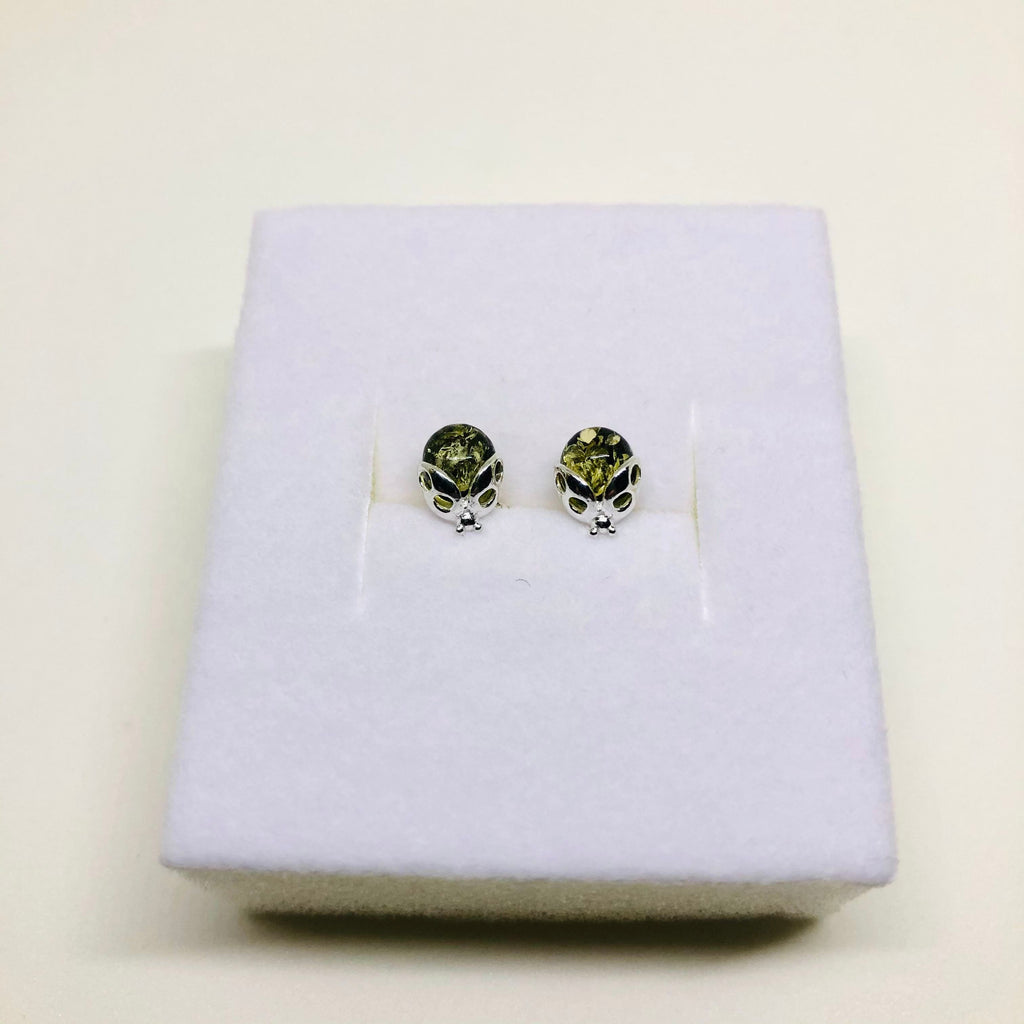 Ladybug Stud Earrings in Silver and Amber (green or honey)