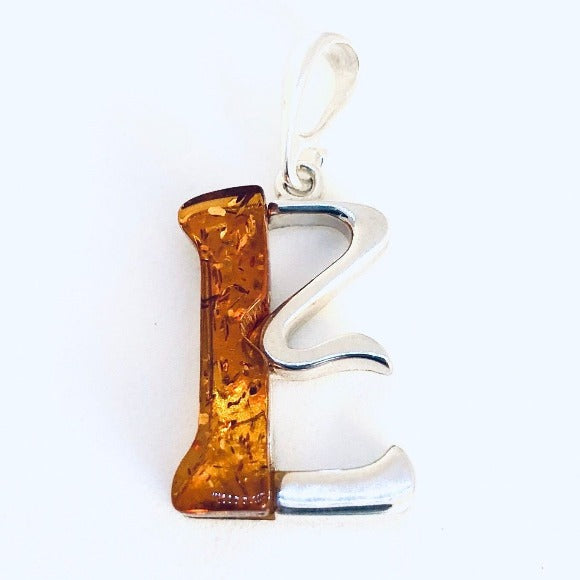 Amber and Silver Pendant - Initial "E"