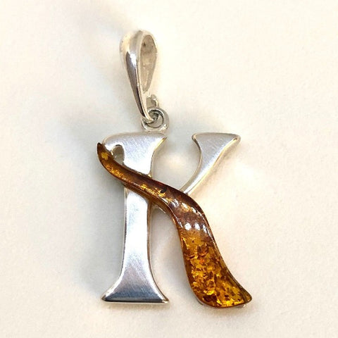 Amber and Silver Pendant - Initial "K"