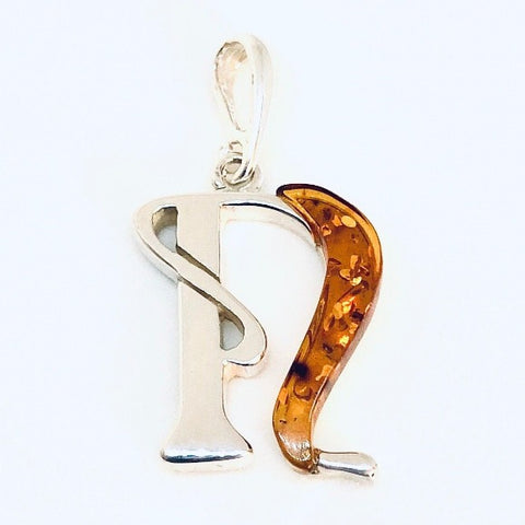 Amber and Silver Pendant - Initial "N"