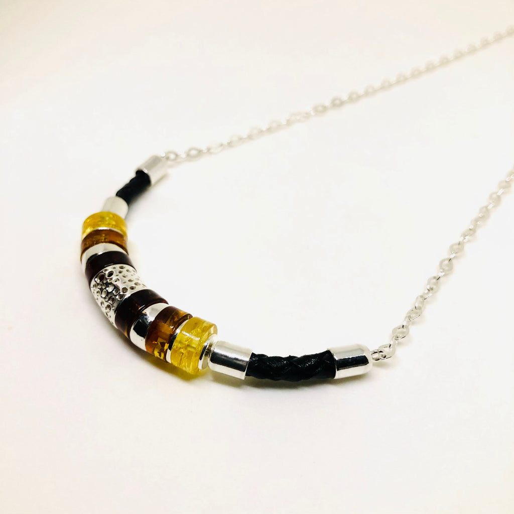 Amber Necklace on Leather and Silver Chain