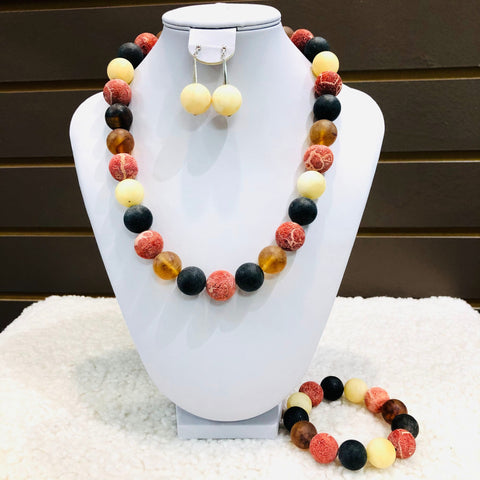 Amber & Coral Ball Necklace in Mat