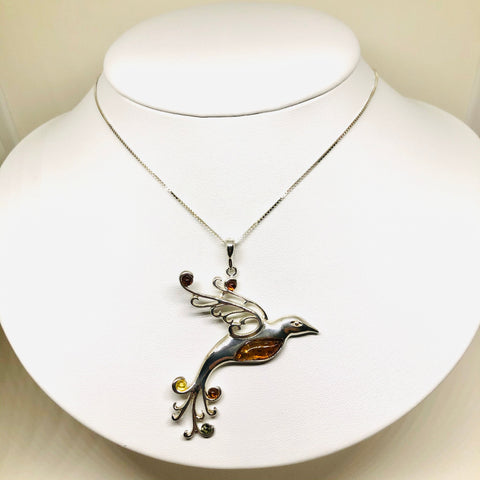 Large Hummingbird Pendant in Amber and Silver