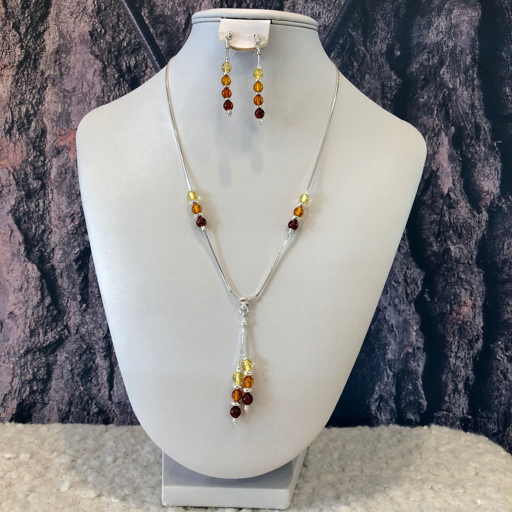 Delicate Amber "V" necklace on Silver Chain with Matching Earrings